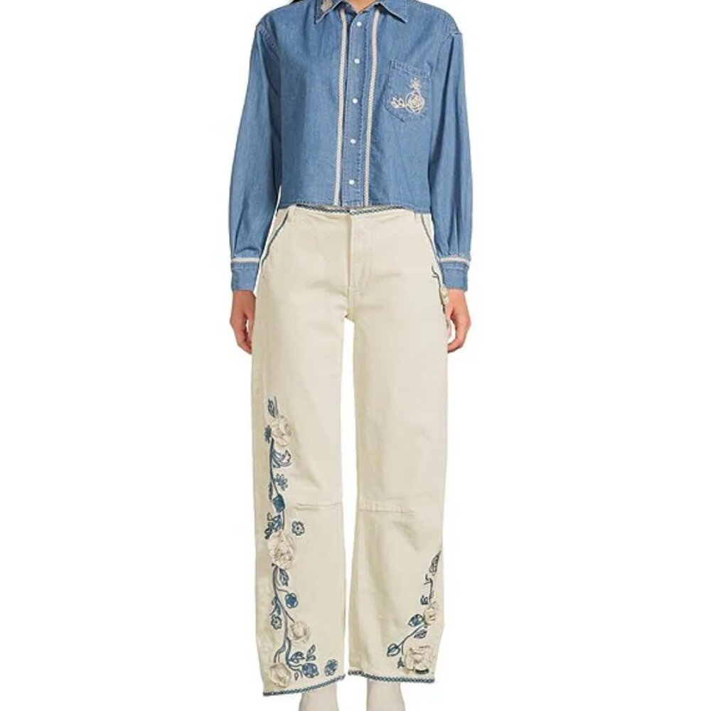 NWT!  Driftwood ​Dani Embroidered Cropped Denim Shirt Women Large